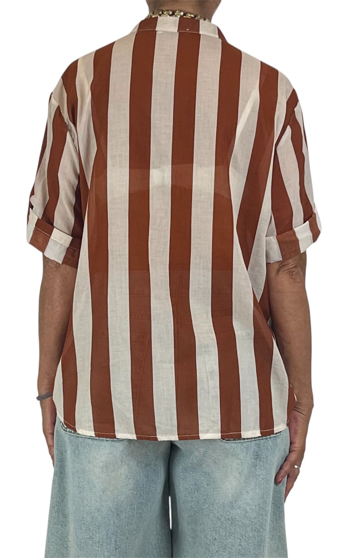 Off-On - Camicia mussola a righe - Burro/Coccio