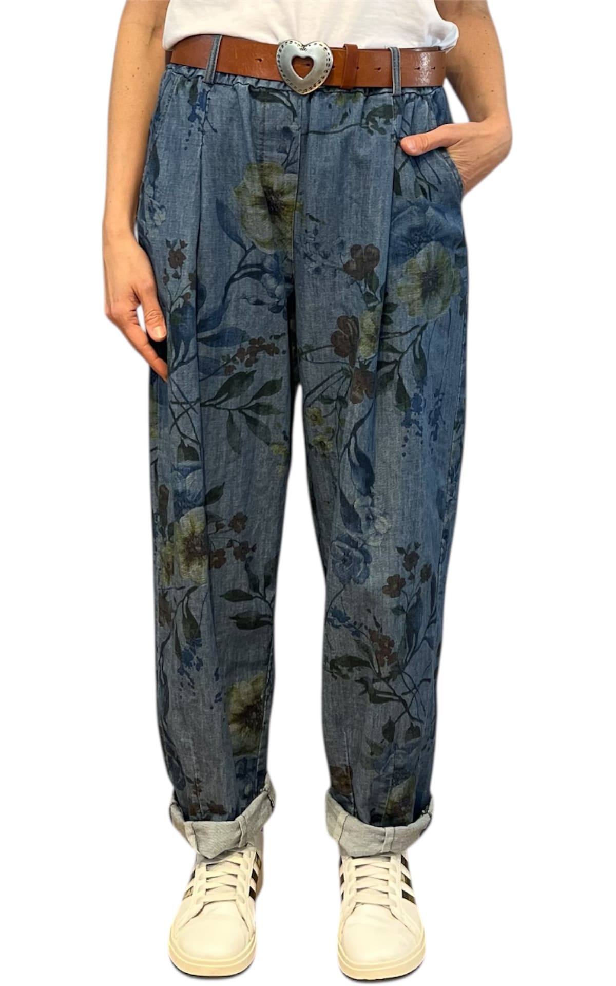 Off-on - Pantalone boyfriend fiore - Denim