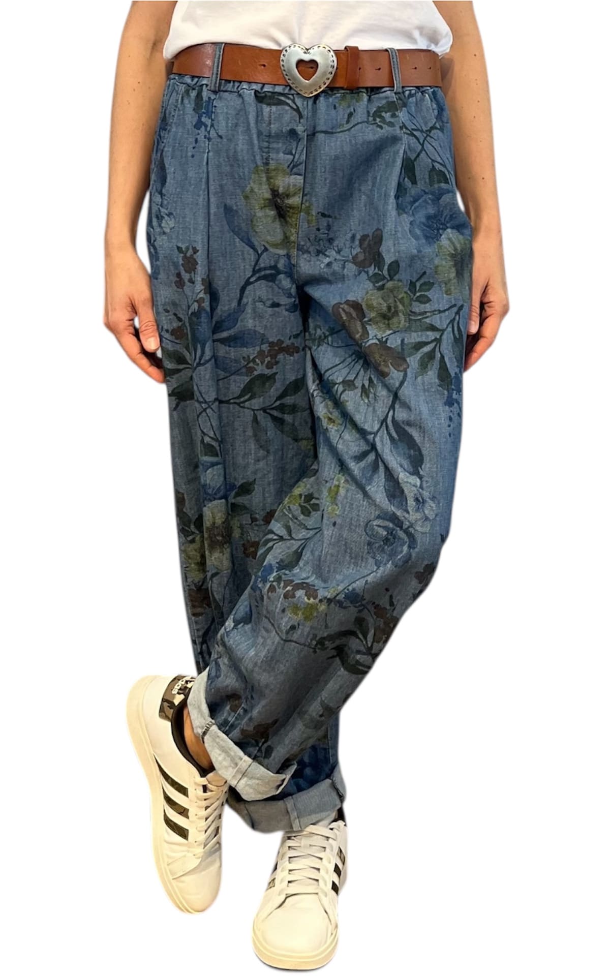 Off-on - Pantalone boyfriend fiore - Denim