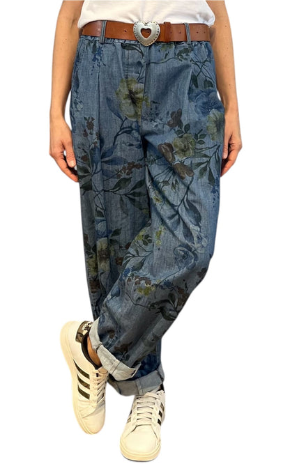 Off-on - Pantalone boyfriend fiore - Denim