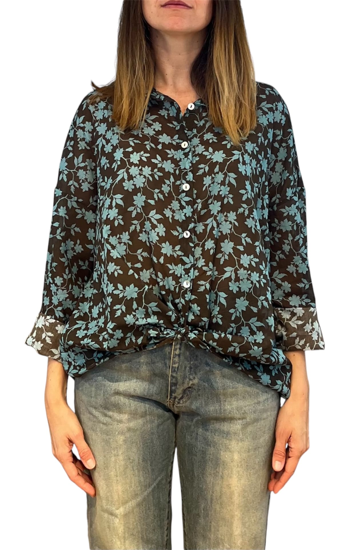 Off-on - Camicia fantasia foglie - Moro/azzurro