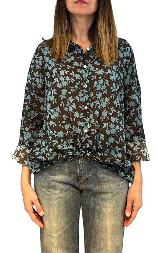 Off-on - Camicia fantasia foglie - Moro/azzurro