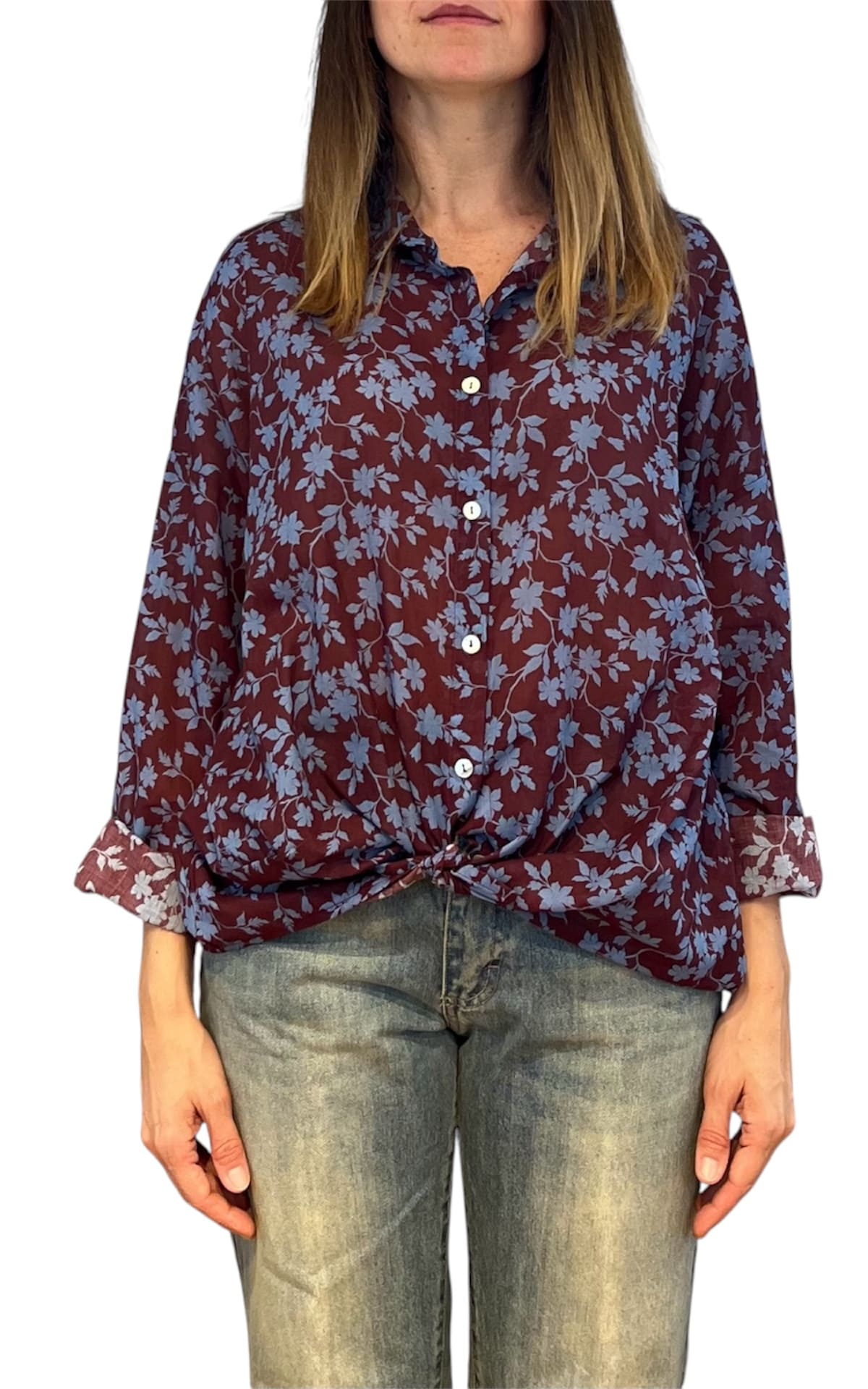 Off-on - Camicia fantasia foglie - Burgundi/azzurro
