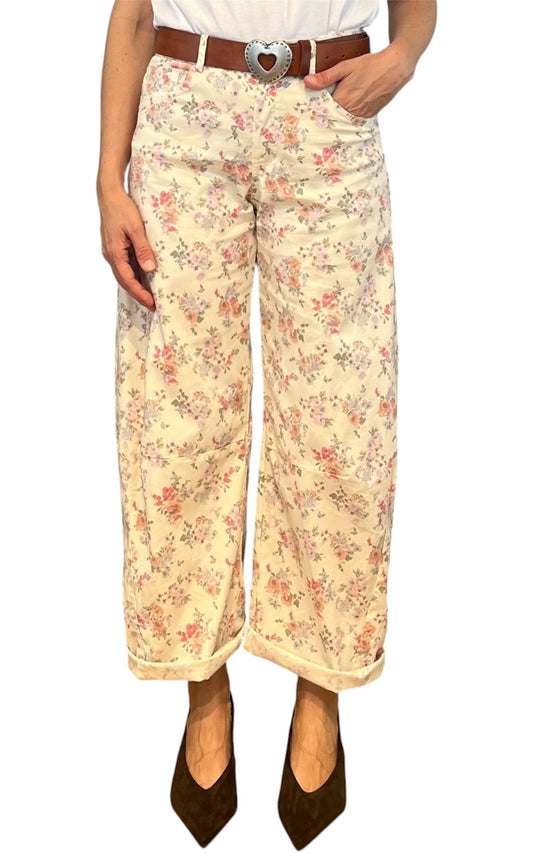 Off-on - Pantalone barrel fiori - Burro