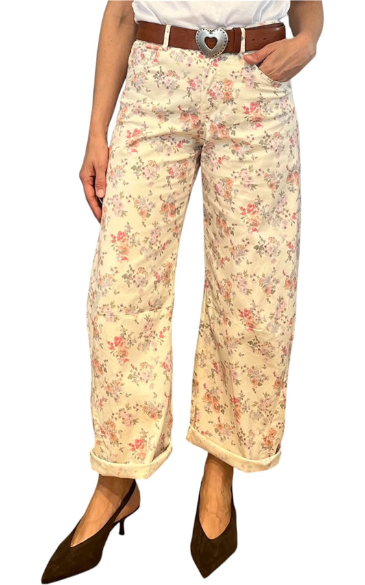Off-on - Pantalone barrel fiori - Burro