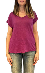 Off- on - T-shirt scollo V lino - Ciclamino