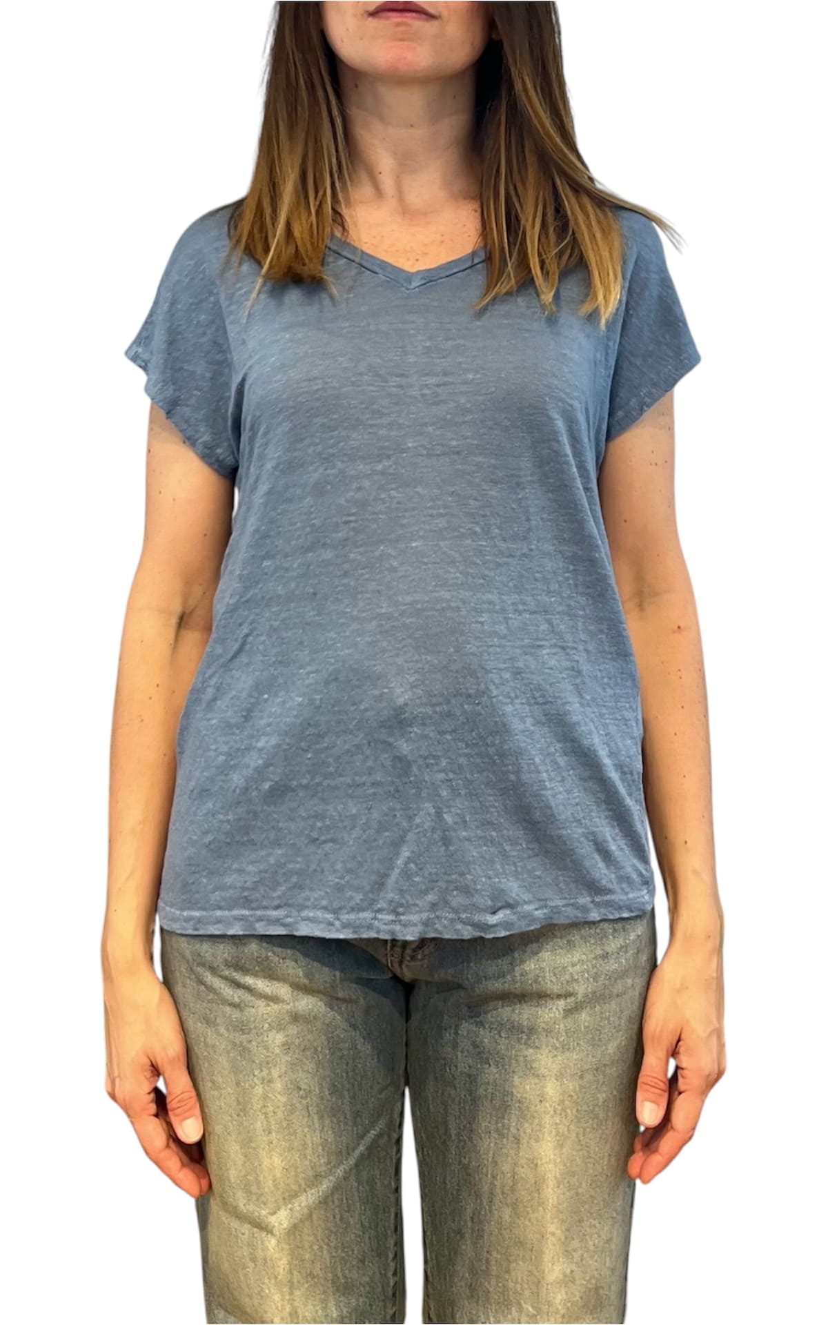Off- on - T-shirt scollo V lino - Celeste