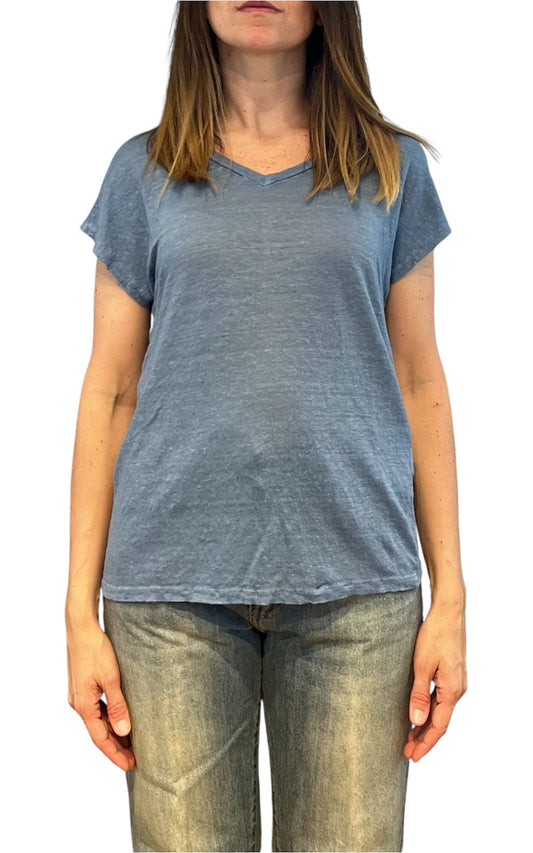 Off- on - T-shirt scollo V lino - Celeste