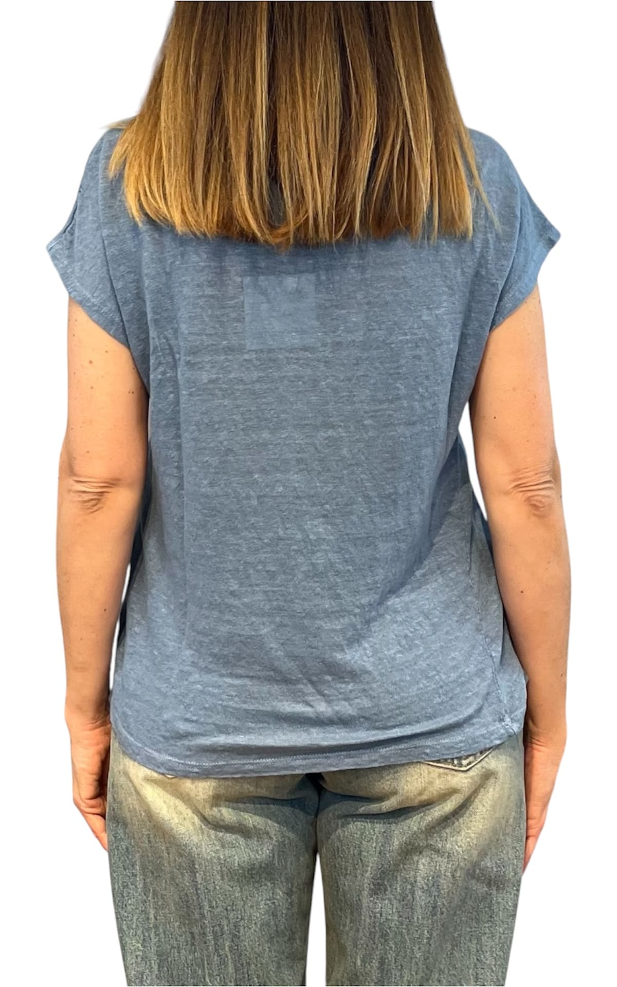 Off- on - T-shirt scollo V lino - Celeste