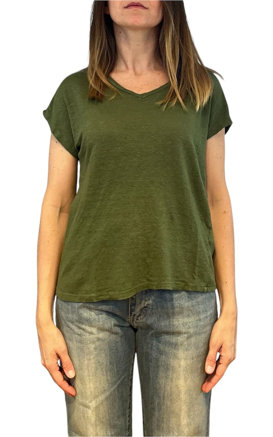 Off- on - T-shirt scollo V lino - Verde militare