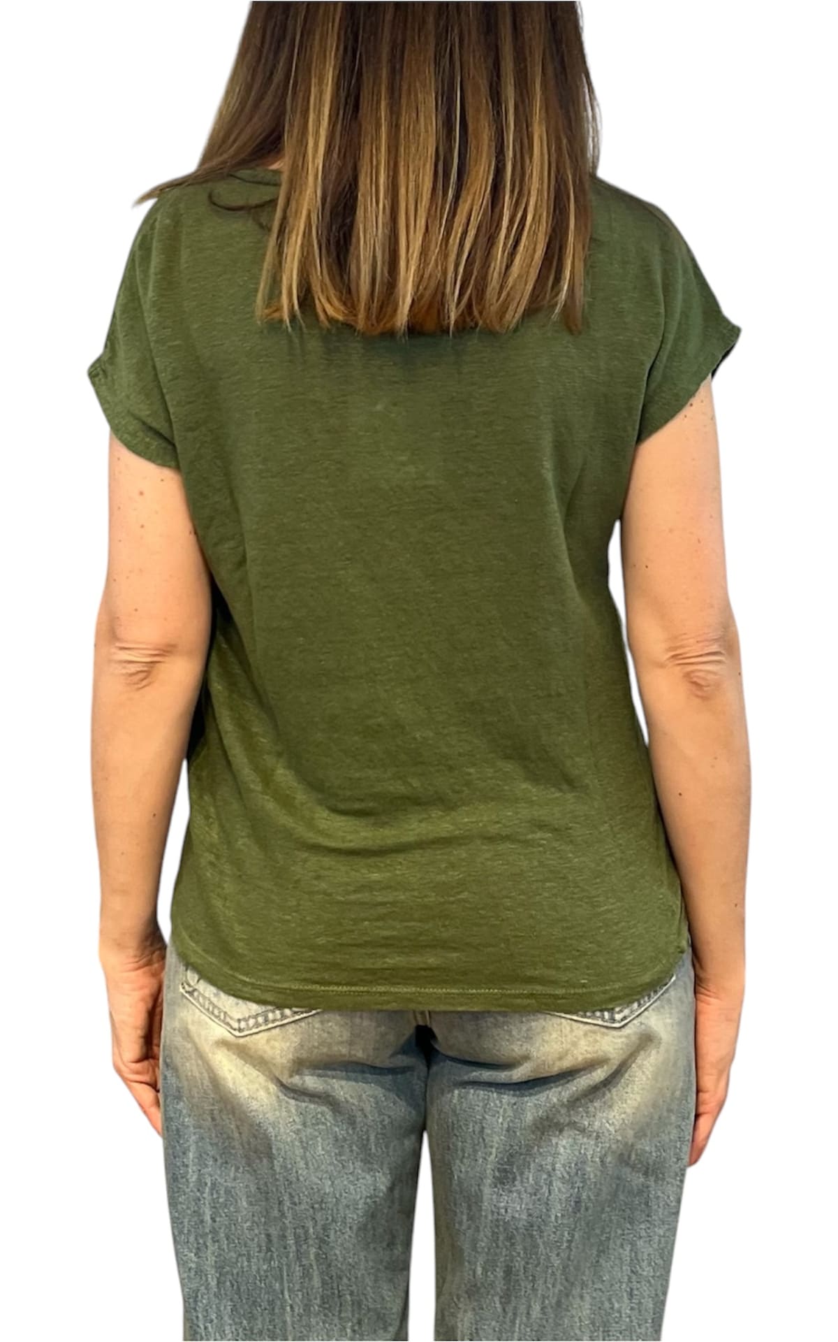 Off- on - T-shirt scollo V lino - Verde militare