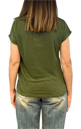 Off- on - T-shirt scollo V lino - Verde militare