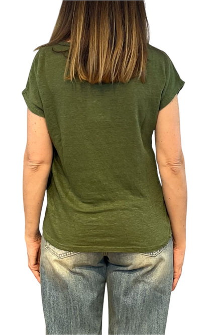 Off- on - T-shirt scollo V lino - Verde militare