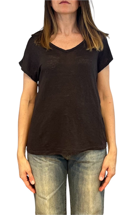 Off- on - T-shirt scollo V lino - Marrone