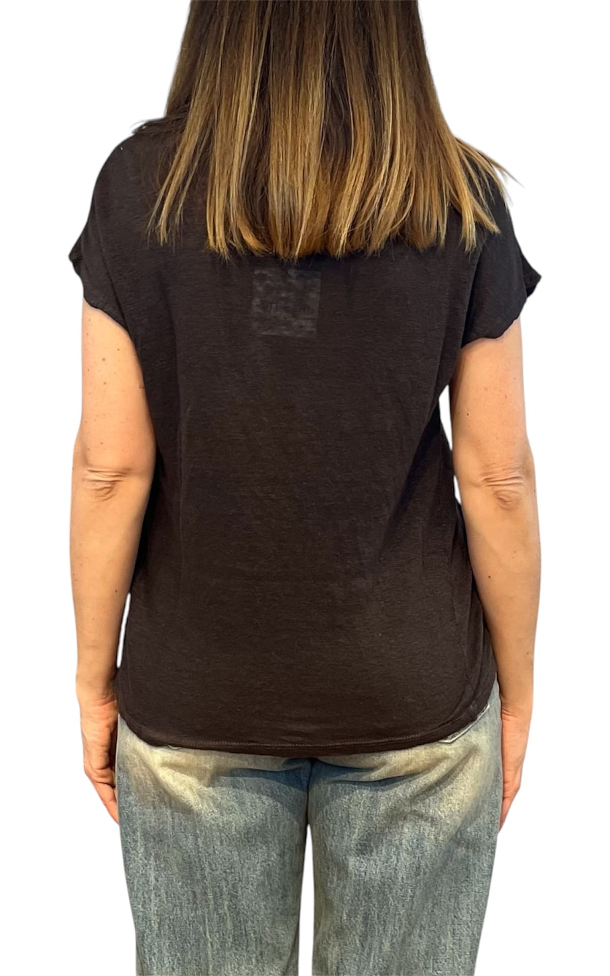 Off- on - T-shirt scollo V lino - Marrone