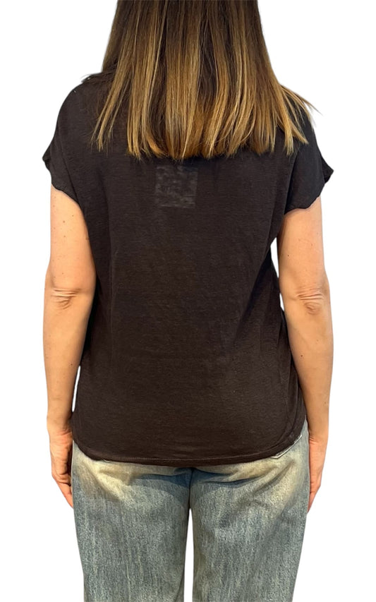 Off- on - T-shirt scollo V lino - Marrone