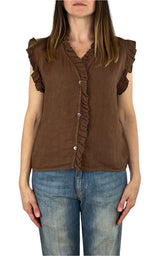 Off-on - Top volant lino - Marrone