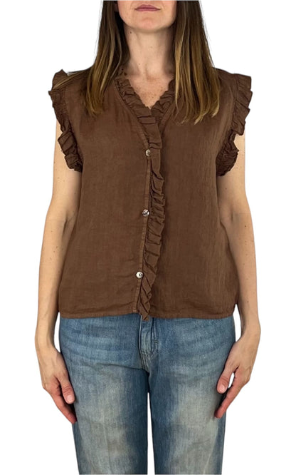 Off-on - Top volant lino - Marrone