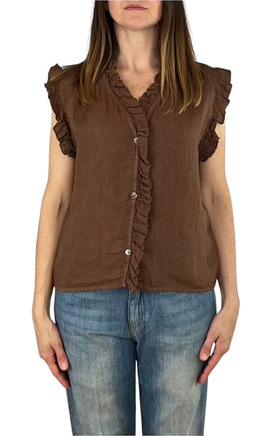 Off-on - Top volant lino - Marrone