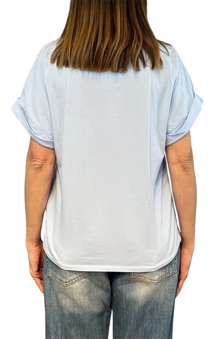 Initial - T-shirt manica risvolto - Celeste