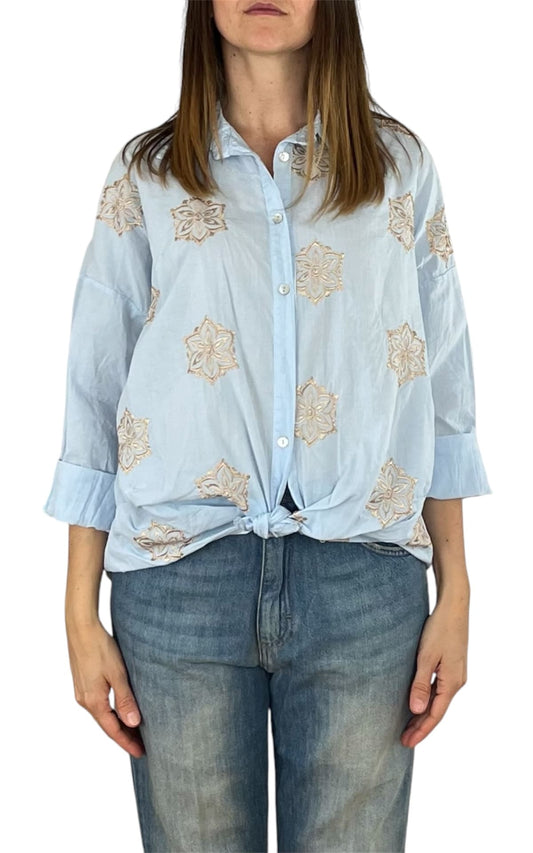 Off-On - Camicia mussola ricamo - Celeste