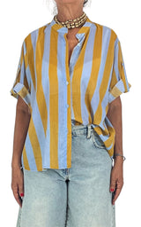 Off-On - Camicia mussola a  righe - Camel/Celeste