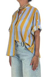 Off-On - Camicia mussola a  righe - Camel/Celeste