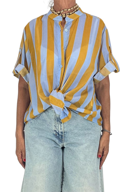 Off-On - Camicia mussola a  righe - Camel/Celeste