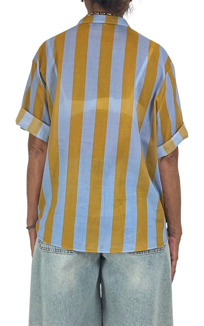 Off-On - Camicia mussola a  righe - Camel/Celeste