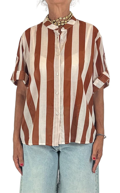 Off-On - Camicia mussola a righe - Burro/Coccio