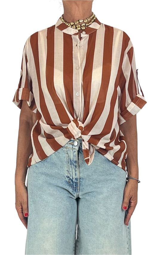 Off-On - Camicia mussola a righe - Burro/Coccio