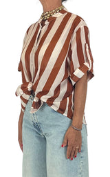 Off-On - Camicia mussola a righe - Burro/Coccio