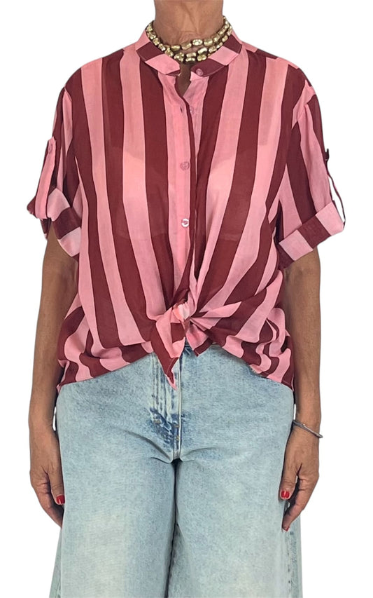 Off-On - Camicia mussola a  righe - Rosa/Magenta