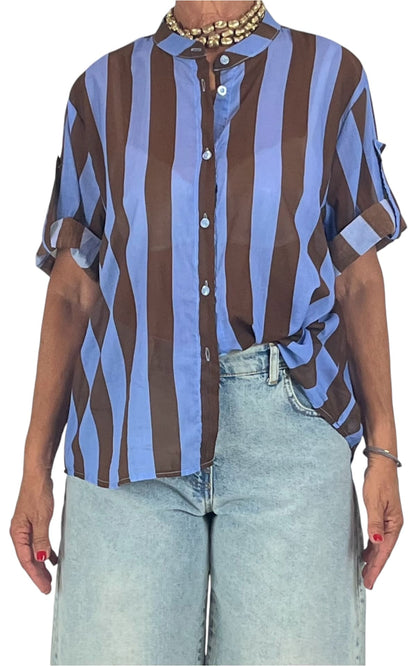 Off-On - Camicia mussola a righe - Jeans/Moro