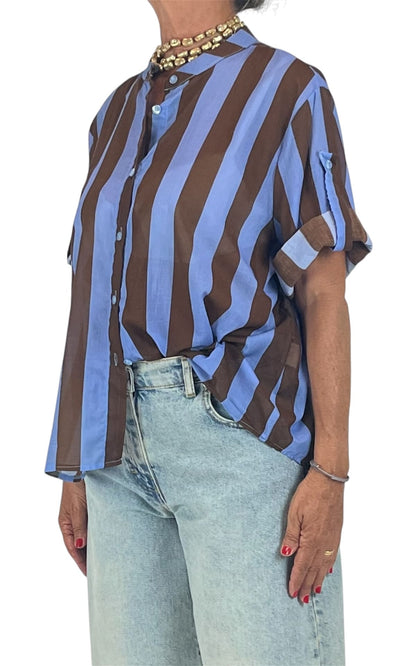 Off-On - Camicia mussola a righe - Jeans/Moro
