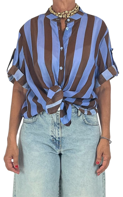 Off-On - Camicia mussola a righe - Jeans/Moro