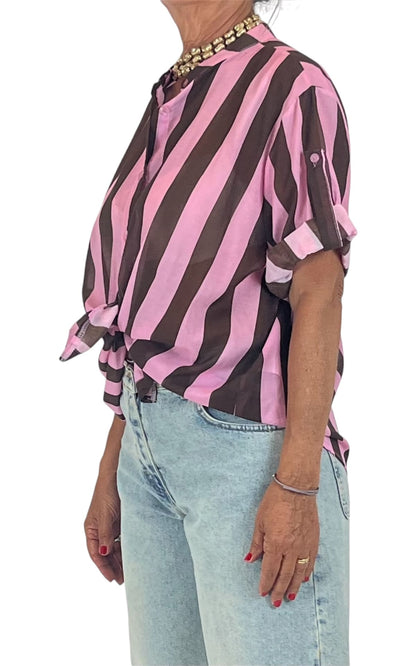 Off-On - Camicia mussola a righe - Rosa/Moro