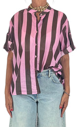 Off-On - Camicia mussola a righe - Rosa/Moro
