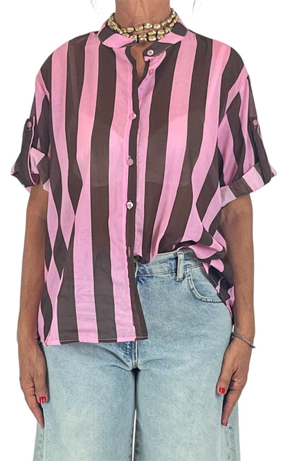 Off-On - Camicia mussola a righe - Rosa/Moro