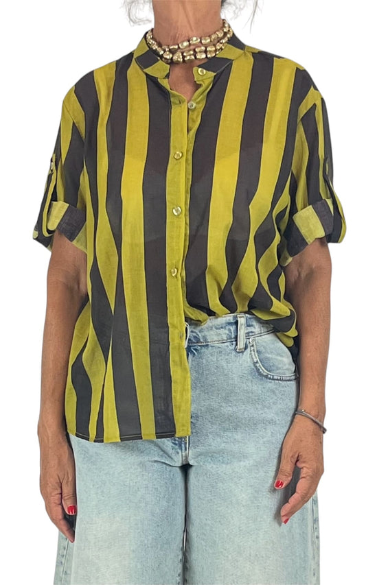 Off-On - Camicia mussola a righe - Moro/Senape