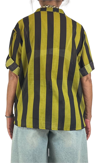 Off-On - Camicia mussola a righe - Moro/Senape