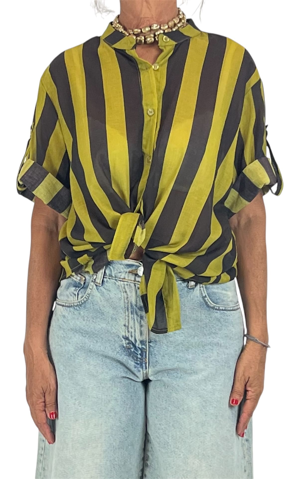 Off-On - Camicia mussola a righe - Moro/Senape