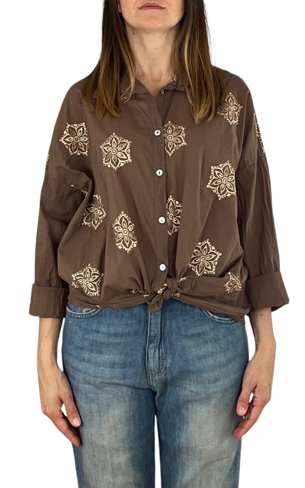 Off-On - Camicia mussola ricamo - Moro