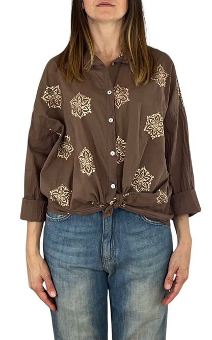 Off-On - Camicia mussola ricamo - Moro
