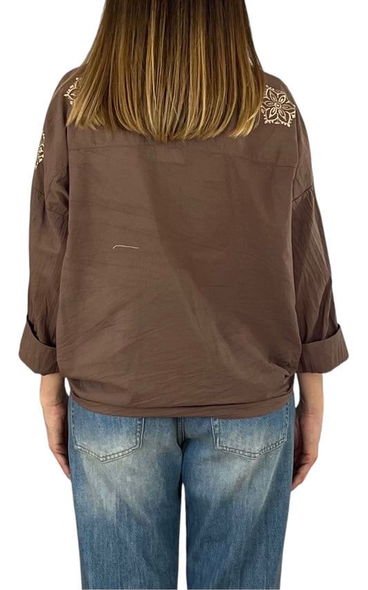 Off-On - Camicia mussola ricamo - Moro