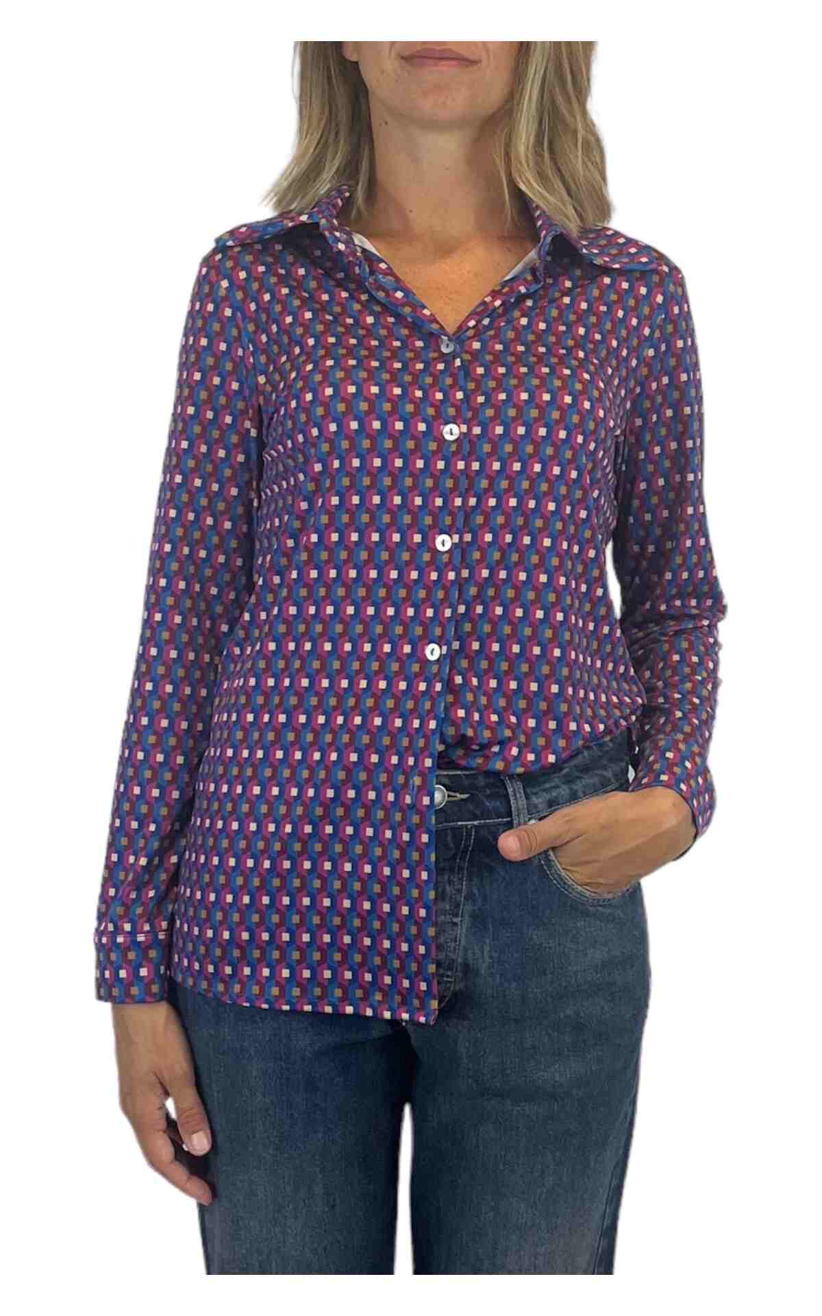 Susan Di - camicia in jersey elasticizzato - blu/fuxia