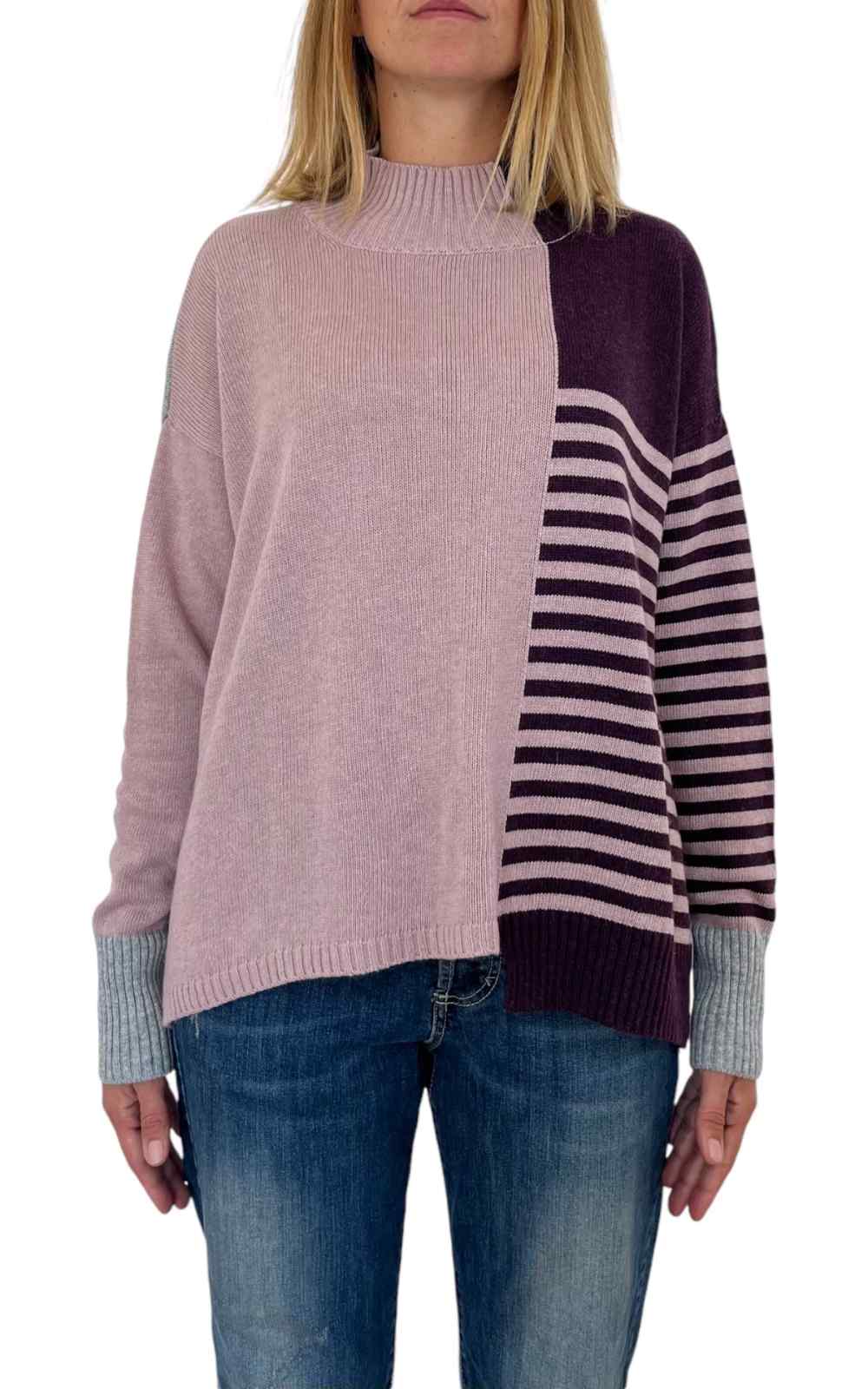 Off-on – Maglia 3 colori collo costine – prugna