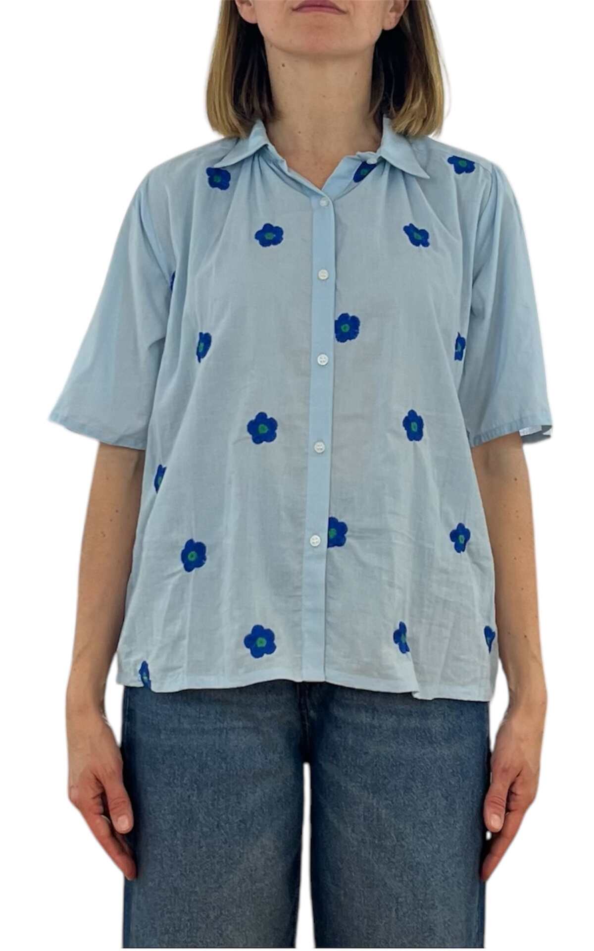 Compañia Fantastica - camicia ricami fiori - celeste