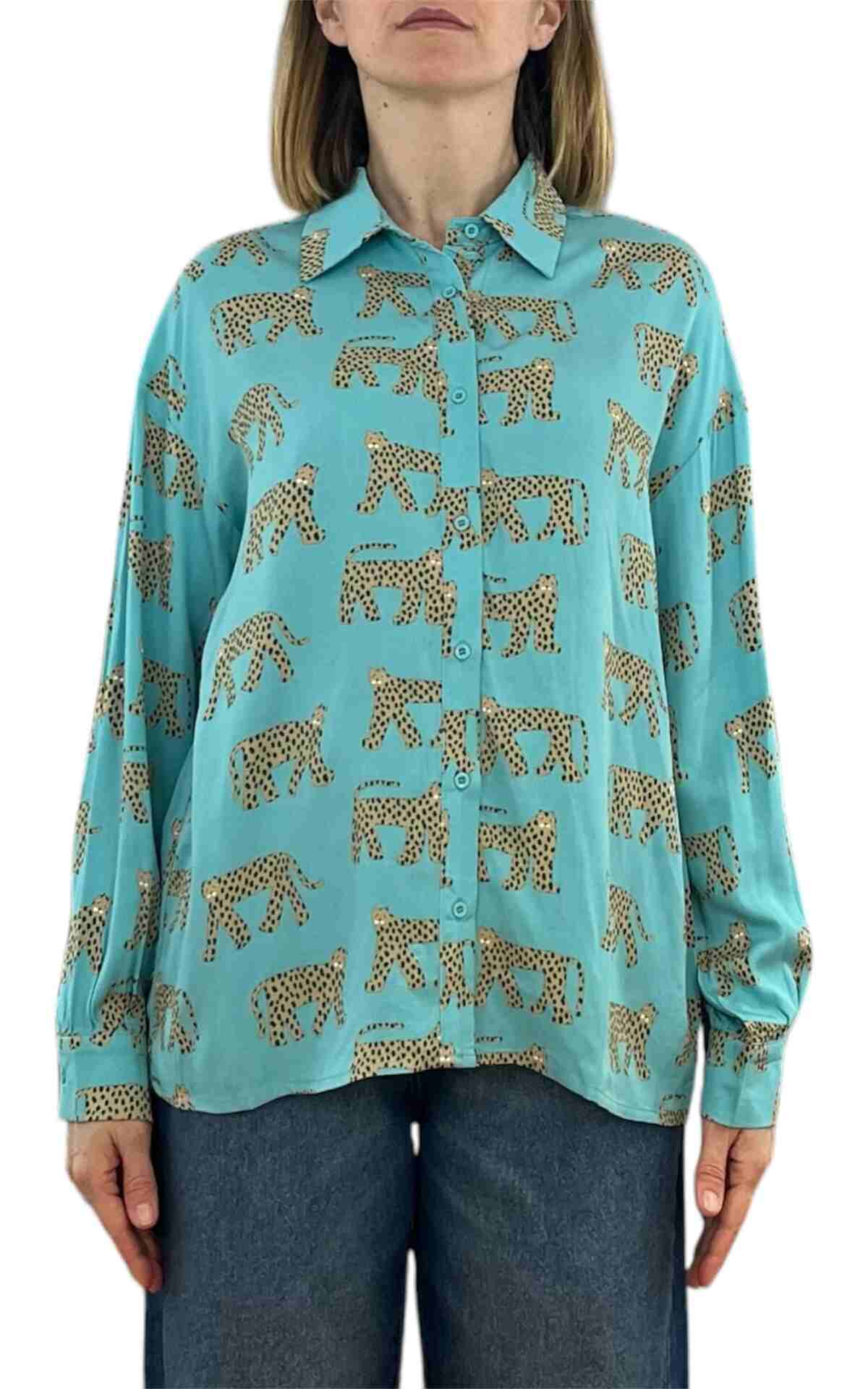 Compañia Fantastica - camicia fantasia giaguaro - celeste