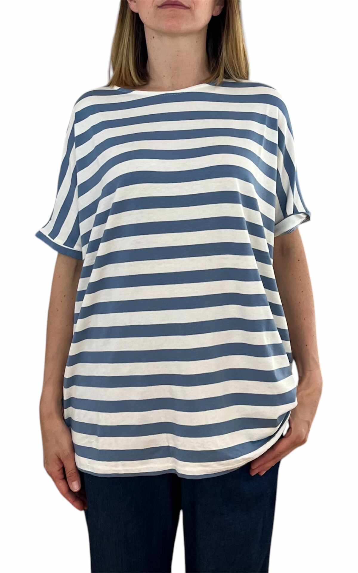 Initial - t-shirt mezza manica over riga - celeste